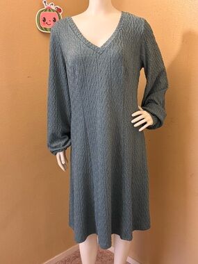 V-Neck Long Sleeve Textured A-Line Dress - Dusty Blue